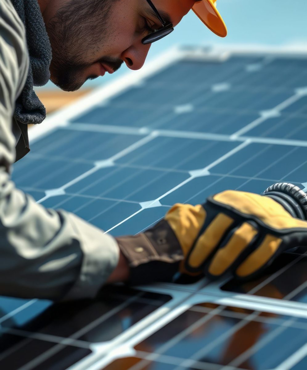 Engineer closely inspecting solar panels